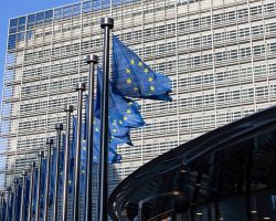 Flags of Europe as seen waving from the flagpoles. The European Flag is the symbol of Council of Europe COE and the European Union EU as seen in the Belgian capital in front of the Le Berlaymont building, European Commission headquarters next to Europa building HQ of the European Council at the European Quarter in Brussels, where the headquarters of the pan-European institutions and organizations are located. Brussels, Belgium on April 2024 (Photo by Nicolas Economou/NurPhoto via Getty Images)